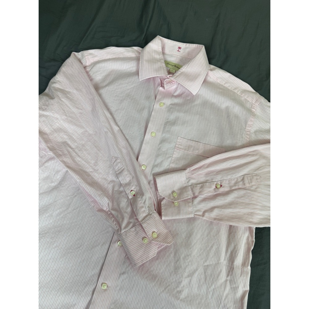 Tommy Bahama Mens‎ 16 32-33 Pink Herringbone Cotton Button Up Long Sleeve Shirt